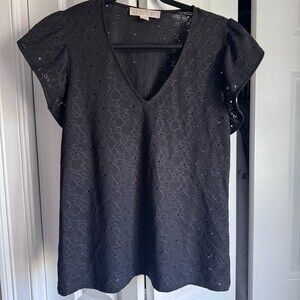 Michael Kors Blouse Womens Size M Black Eyelet Lace V-Neck Flutter Sleeve